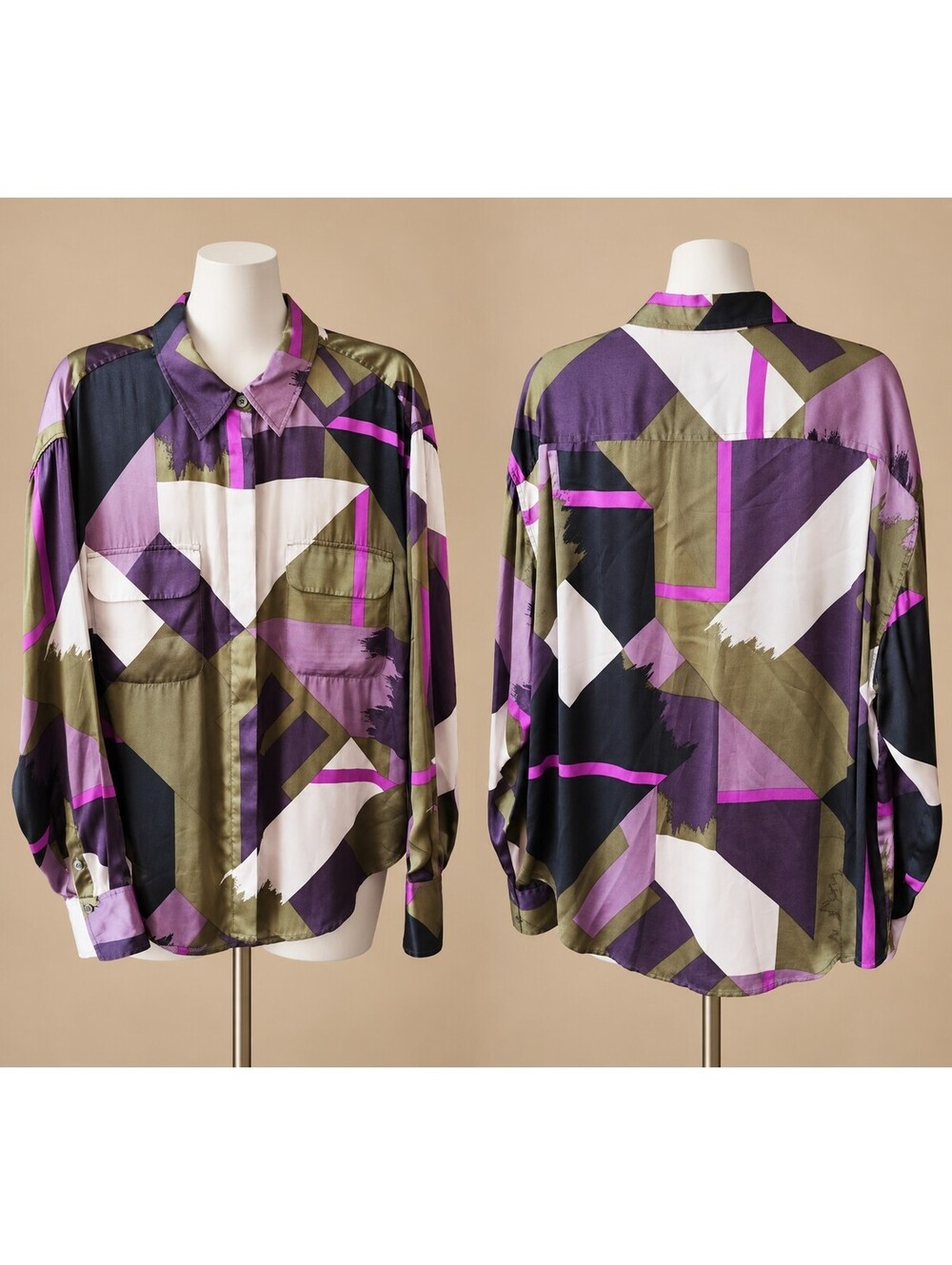 Equipment Women’s Abstract Print Silk Blouse XL Purple Olive Cream